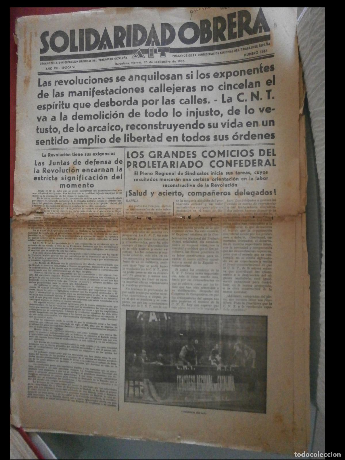 Coleccionismo de Revistas y Peri&oacute;dicos: Solidaridad Obrera. &Oacute;rgano de la Confederaci&oacute;n Regional del Trabajo de Catalu&ntilde;a. Septiembre 1936