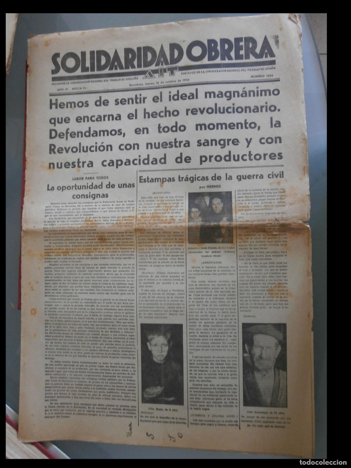 Coleccionismo de Revistas y Peri&oacute;dicos: Solidaridad Obrera. &Oacute;rgano de la Confederaci&oacute;n Regional del Trabajo de Catalu&ntilde;a. Octubre 1936