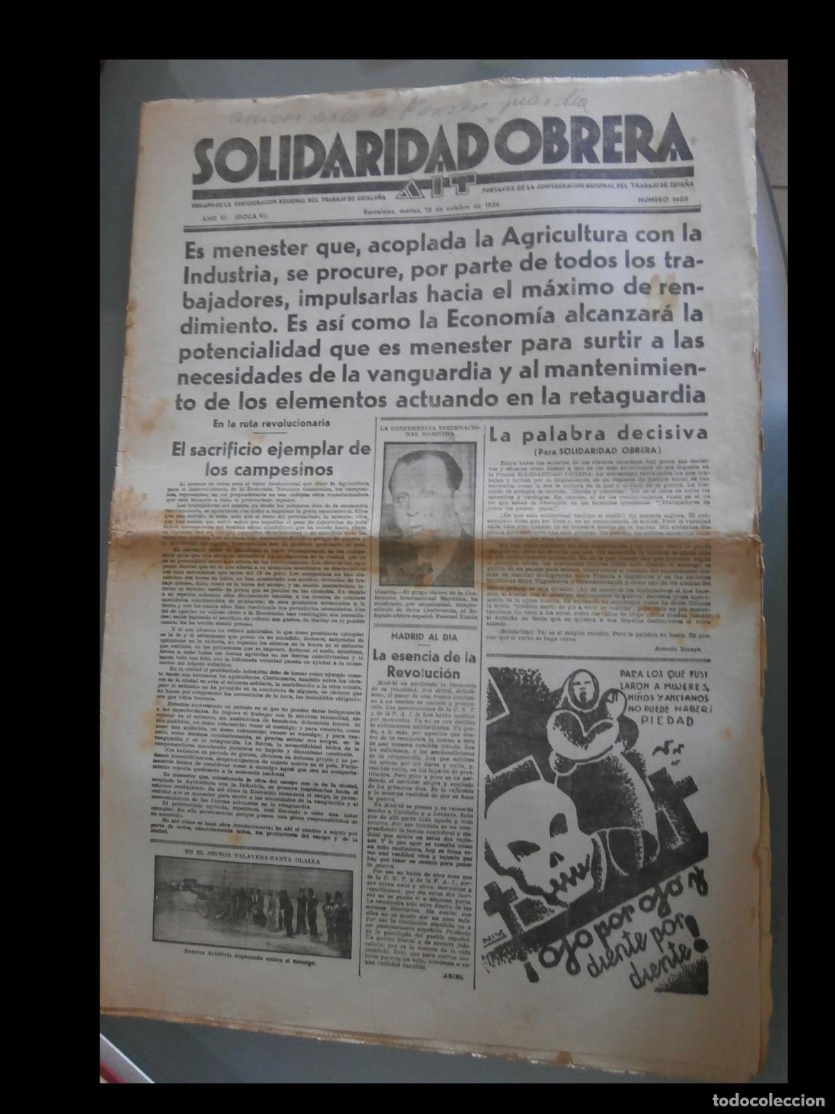 Coleccionismo de Revistas y Peri&oacute;dicos: Solidaridad Obrera. &Oacute;rgano de la Confederaci&oacute;n Regional del Trabajo de Catalu&ntilde;a. Octubre 1936