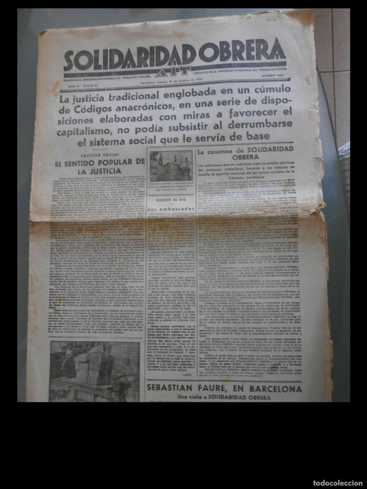 Coleccionismo de Revistas y Peri&oacute;dicos: Solidaridad Obrera. &Oacute;rgano de la Confederaci&oacute;n Regional del Trabajo de Catalu&ntilde;a. Octubre 1936