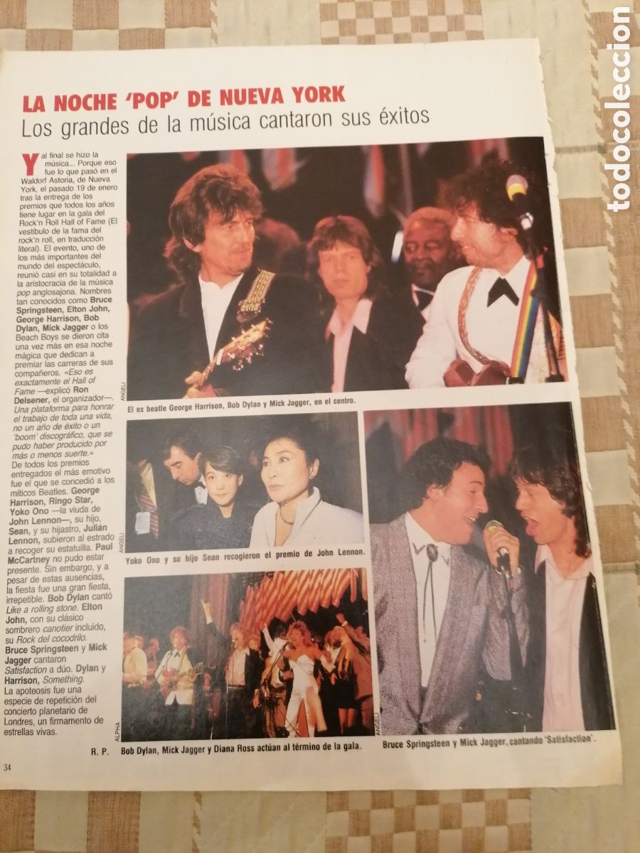Coleccionismo de Revistas y Peri&oacute;dicos: P&aacute;gina Revista Espa&ntilde;a Rock & Roll Hall Of Fame 1988.Bob Dylan,George Harrison, Jagger,Springsteen