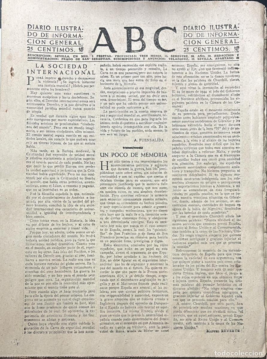 Sammeln von Zeitschriften und Zeitungen: PERIODICO ABC MADRID-SEVILLA 11 DE JULIO DE 1945 N&ordm; 13077. A-ABC-0689