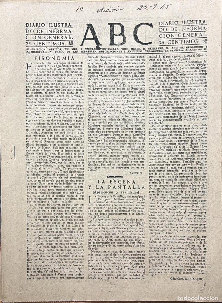 Coleccionismo de Revistas y Peri&oacute;dicos: PERIODICO ABC MADRID-SEVILLA 22 DE JULIO DE 1945 N&ordm; 13087. A-ABC-0694
