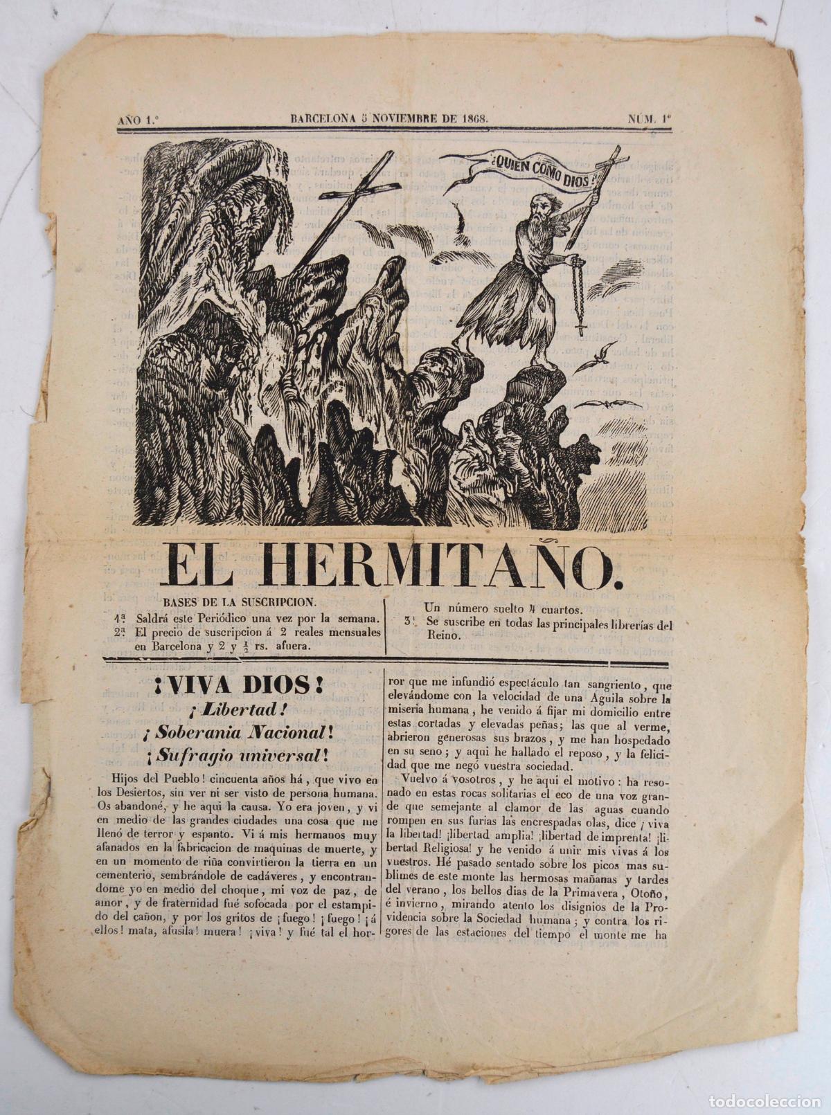 Collezionismo di Riviste e Giornali: El Hermita&ntilde;o, folleto o similar, 1868, a&ntilde;o 1, n&uacute;mero 1, Barcelona.