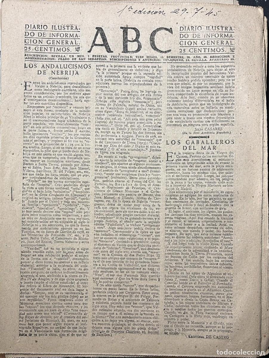 Coleccionismo de Revistas y Peri&oacute;dicos: PERIODICO ABC MADRID-SEVILLA 29 DE JULIO DE 1945 N&ordm; 13093. A-ABC-0700