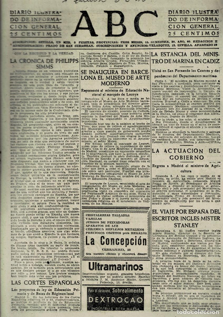 Coleccionismo de Revistas y Peri&oacute;dicos: PERIODICO ABC MADRID-SEVILLA 6 DE JUNIO DE 1945 N&ordm; 13047. A-ABC-0708