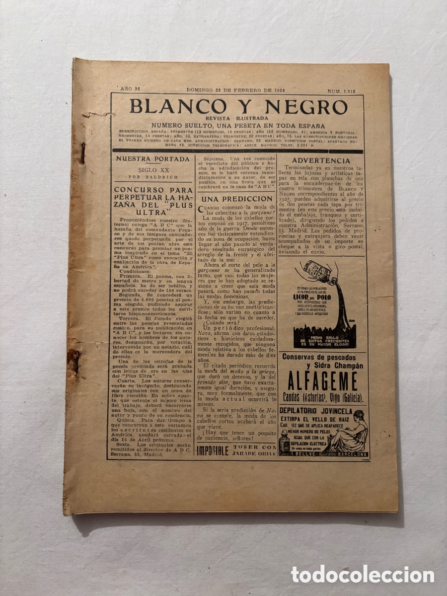 Coleccionismo de Revistas y Peri&oacute;dicos: Antigua revista Blanco y Negro 28 Febrero 1926