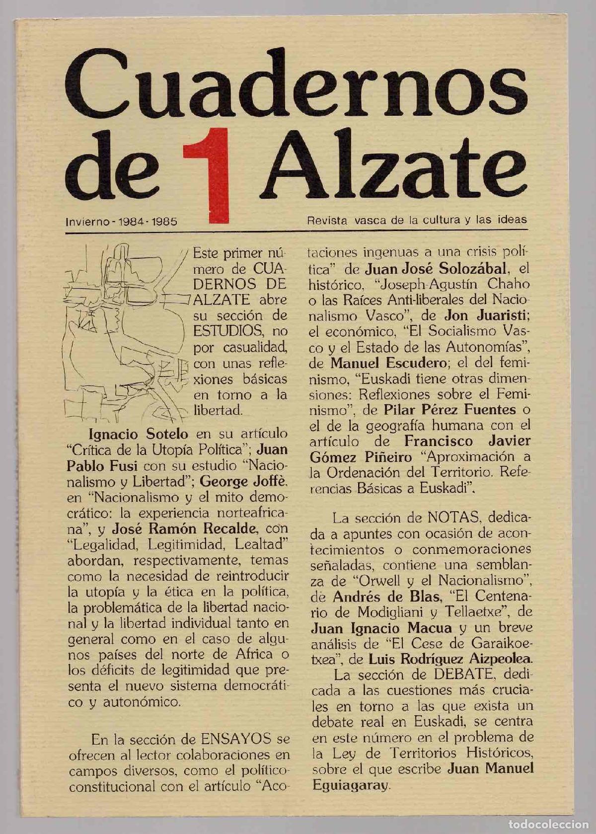 Coleccionismo de Revistas y Peri&oacute;dicos: CUADERNOS DE ALZATE REVISTA VASCA DE LA CULTURA Y LAS IDEAS. N&ordm; 1. INVIERNO 1984-1985