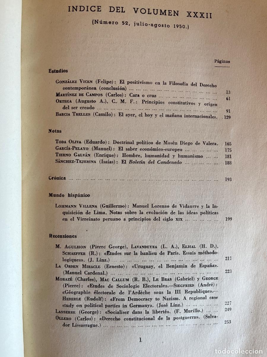 Coleccionismo de revistas y peri&oacute;dicos: Revista de Estudios Pol&iacute;ticos, volumen XXXII, julio-agosto 1950 &iacute;ndices en las fotos