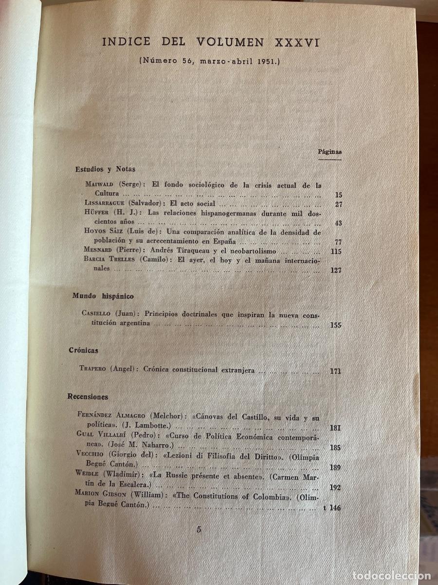Coleccionismo de Revistas y Peri&oacute;dicos: Revista de Estudios Pol&iacute;ticos, volumen XXXVI, marzo-abril 1951 &iacute;ndices en las fotos