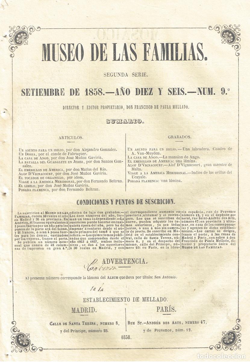 Coleccionismo de Revistas y Peri&oacute;dicos: MUSEO DE LAS FAMILIAS SEPTIEMBRE 1858. Seis grabados y diez articulos. 24 PAG.