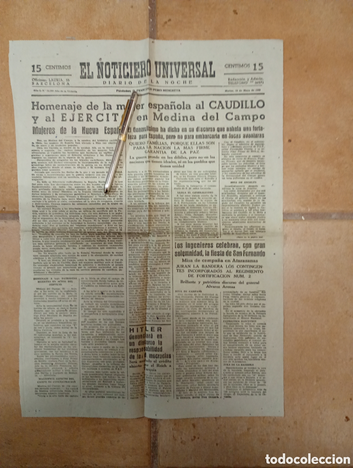 Coleccionismo de Revistas y Peri&oacute;dicos: FRANCO CON LAS MUJERES DE FALANGE EN MEDINA DEL CAMPO 1939 EN LA VANGUARDIA Y EL NOTICIERO UNIVERSAL