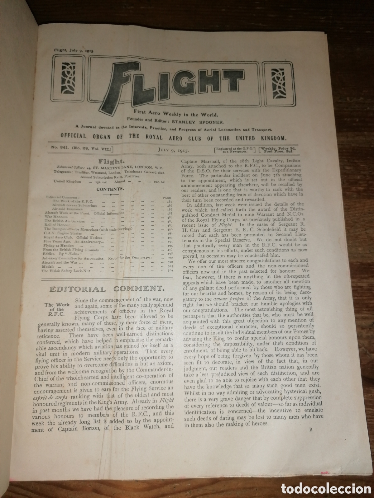 Coleccionismo de Revistas y Peri&oacute;dicos: Tomo de antiguas revistas, magazine, FLIGTH - De 9 de Julio de 1915 a Diciembre de 1915
