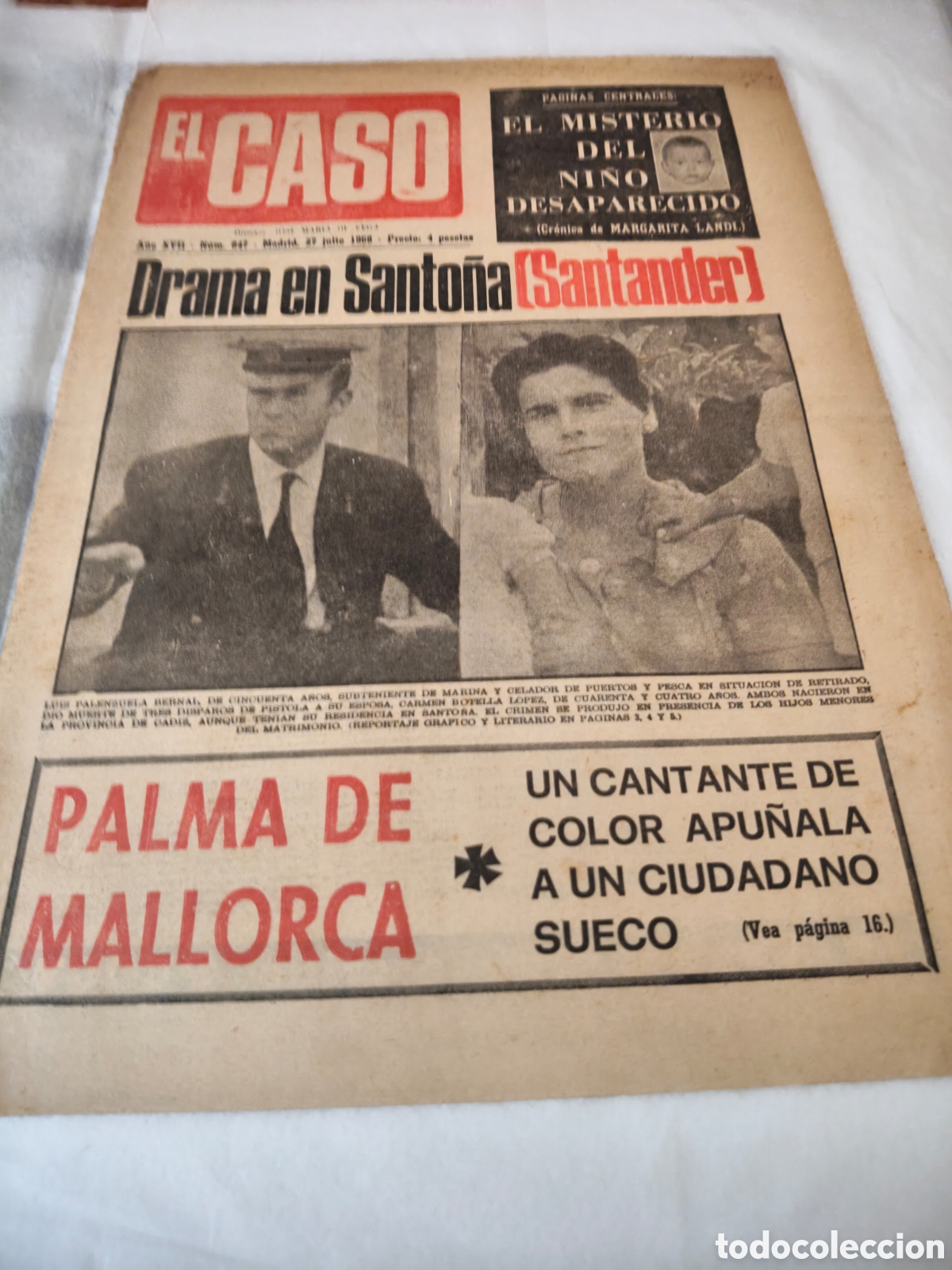 Colecionismo de Revistas e Jornais: Peri&oacute;dico el caso 27 de julio del 1968 en portada drama en Santo&ntilde;a