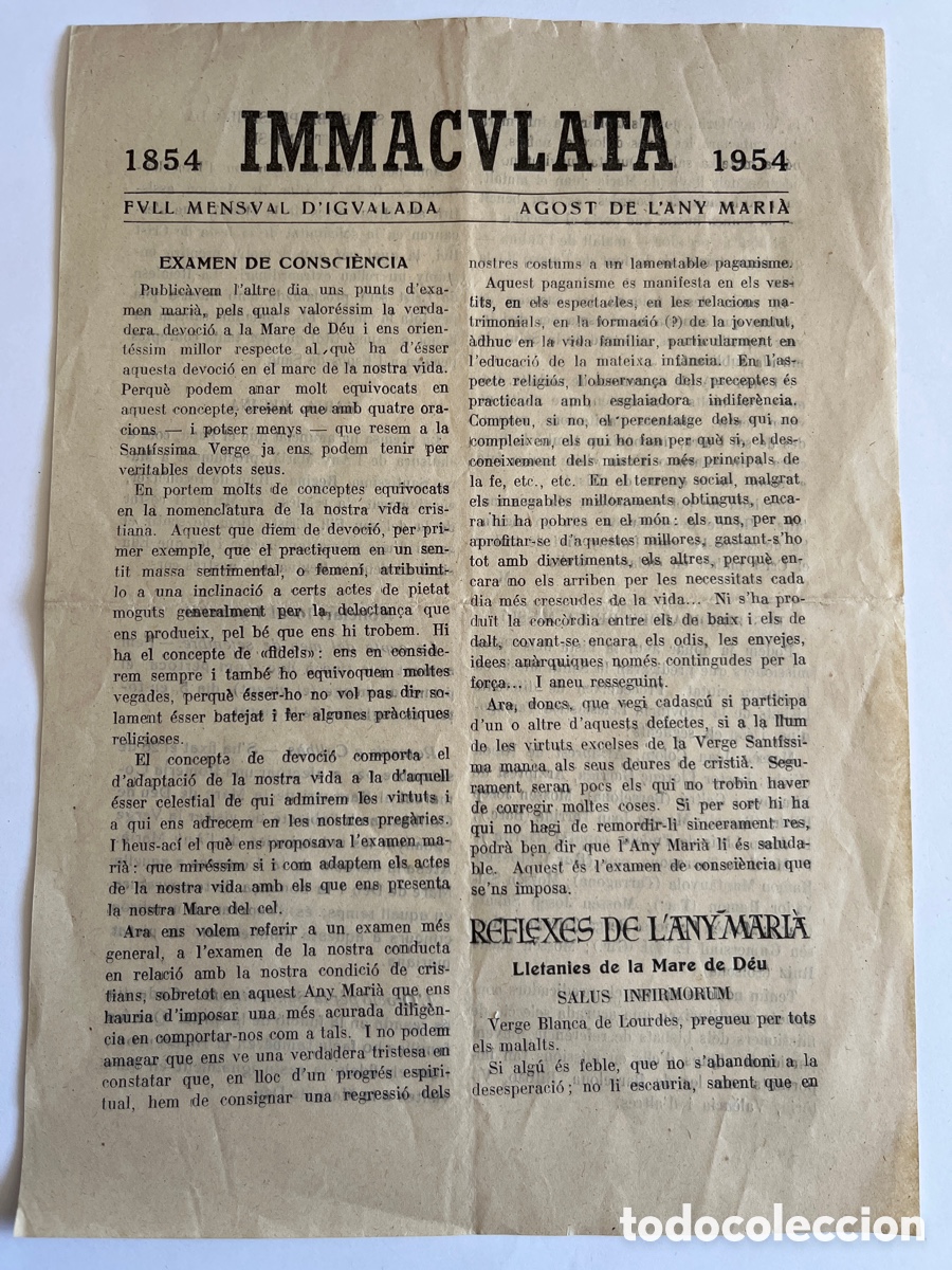 Coleccionismo de Revistas y Peri&oacute;dicos: HOJA REVISTA. Immaculata. Full mensual d'Igualada. 1954. Igualada