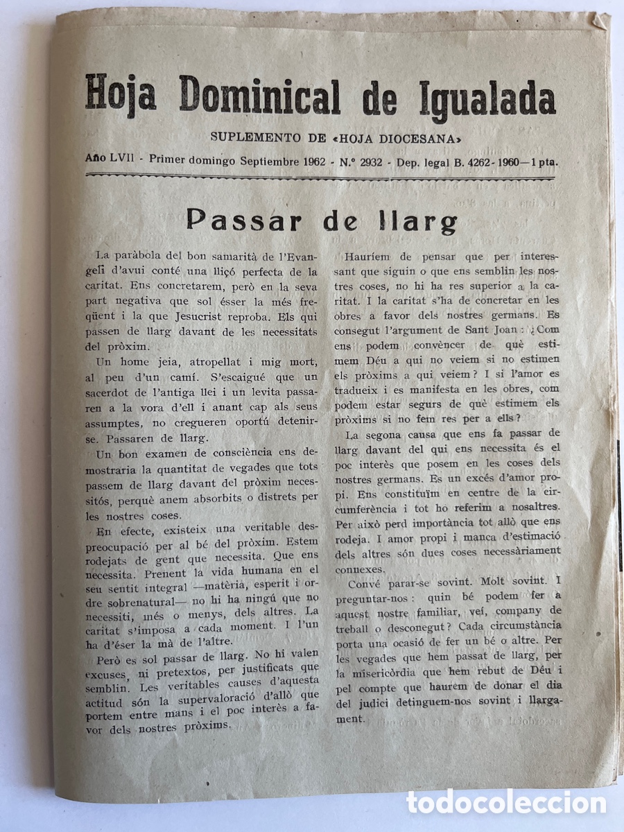 Coleccionismo de Revistas y Peri&oacute;dicos: REVISTA. Hoja dominical de Igualada. Septiembre 1962. num 2932