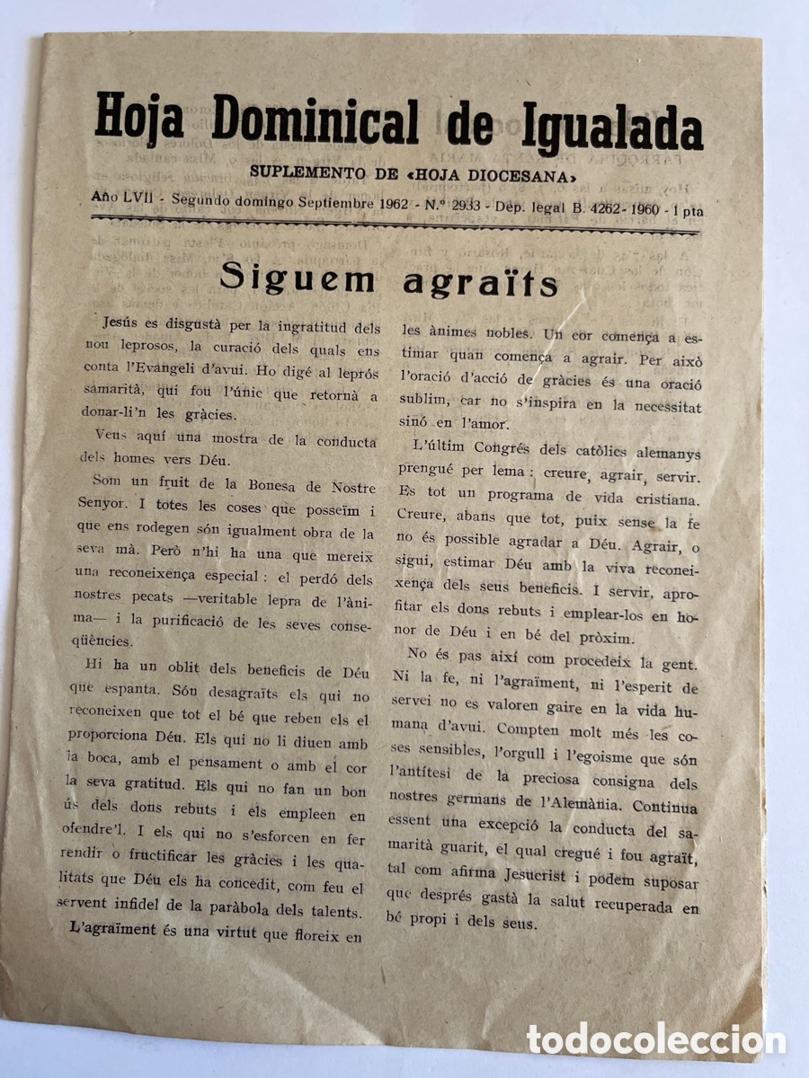 Coleccionismo de Revistas y Peri&oacute;dicos: REVISTA. Hoja dominical de Igualada. Septiembre 1962. num 2933