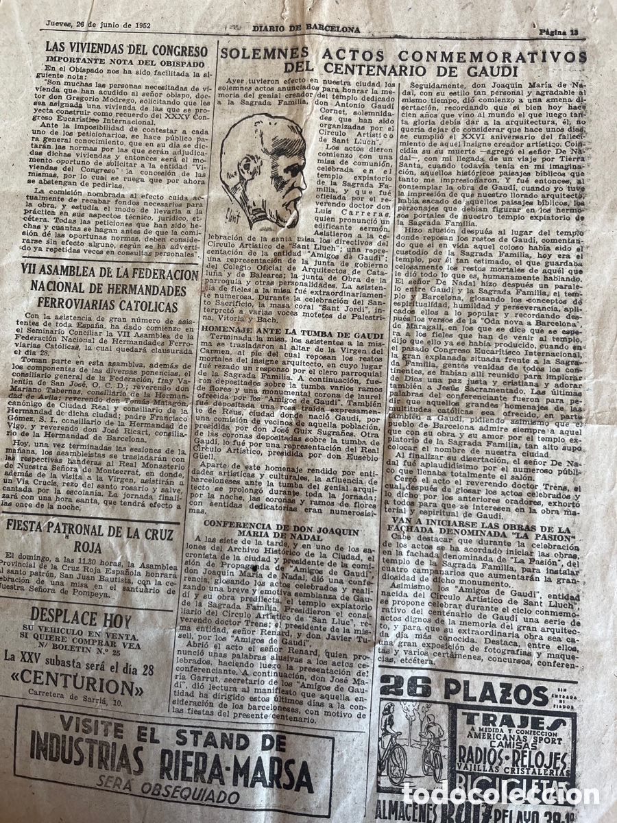 Collection Magazines and Newspapers: PERI&Oacute;DICO. Actos centenario de Gaud&iacute;. Diario de Barcelona, 26 junio 1952. Sagrada Familia.