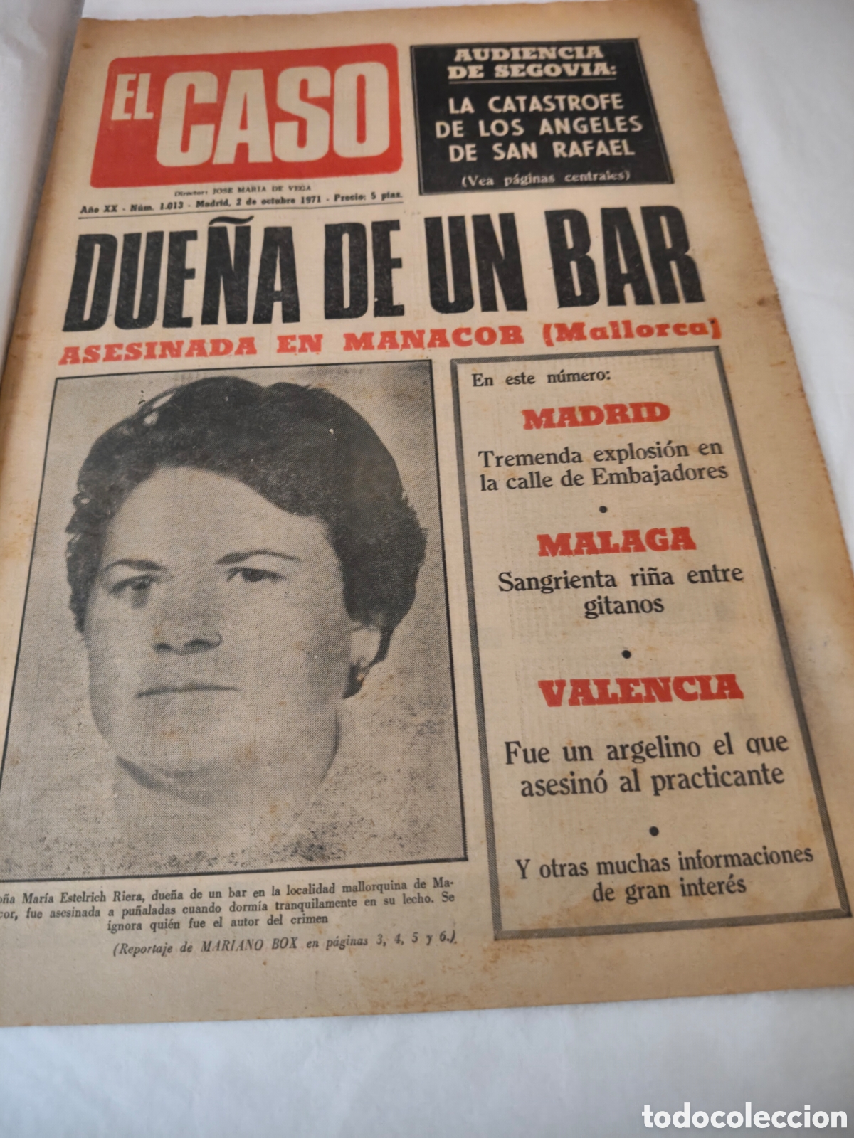 Coleccionismo de Revistas y Peri&oacute;dicos: Peri&oacute;dico el caso del 2 de octubre de 1971 en portada DUE&Ntilde;A DE UN BAR ASESISANADA EN MANACOR