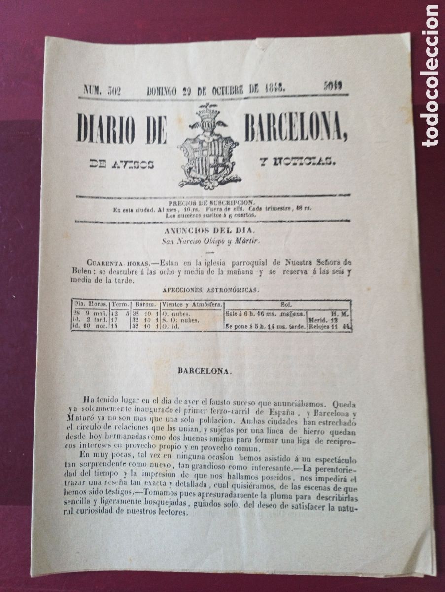 Sammeln von Zeitschriften und Zeitungen: FACS&Iacute;MIL 1974 DIARIO DE BARCELONA DE 1848 INAUGURACI&Oacute;N FERROCARRIL MATAR&Oacute;
