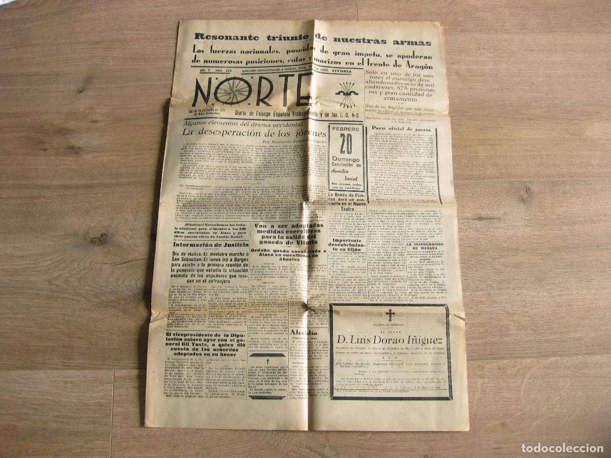 Coleccionismo de Revistas y Peri&oacute;dicos: NORTE. DIARIO DE FALANGE ESPA&Ntilde;OLA TRADICIONALISTA DE LAS JONS. VITORIA. N&ordm; 345 DE 1938. GUERRA CIVIL