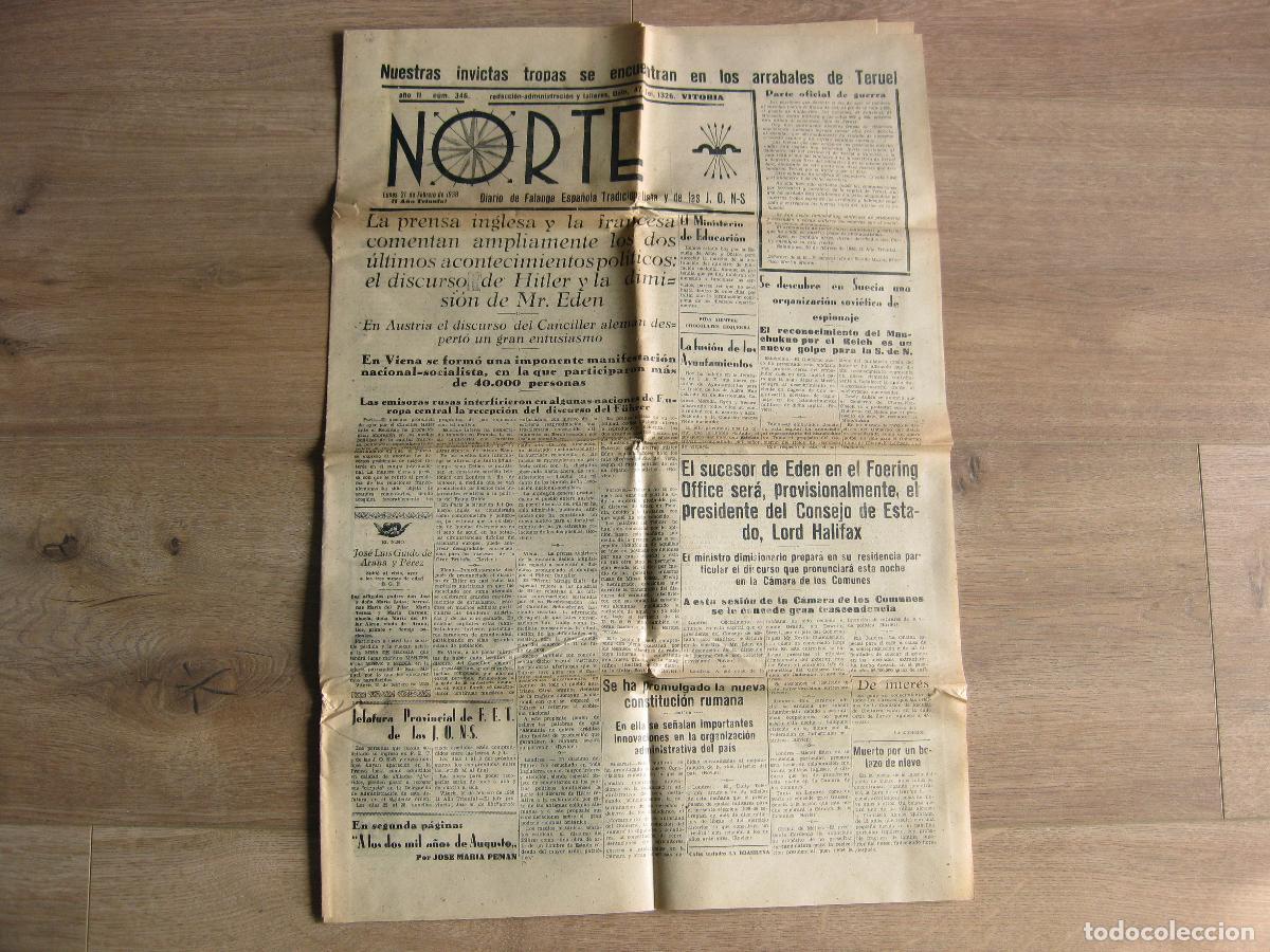 Coleccionismo de Revistas y Peri&oacute;dicos: NORTE. DIARIO DE FALANGE ESPA&Ntilde;OLA TRADICIONALISTA DE LAS JONS. VITORIA. N&ordm; 346 DE 1938. GUERRA CIVIL