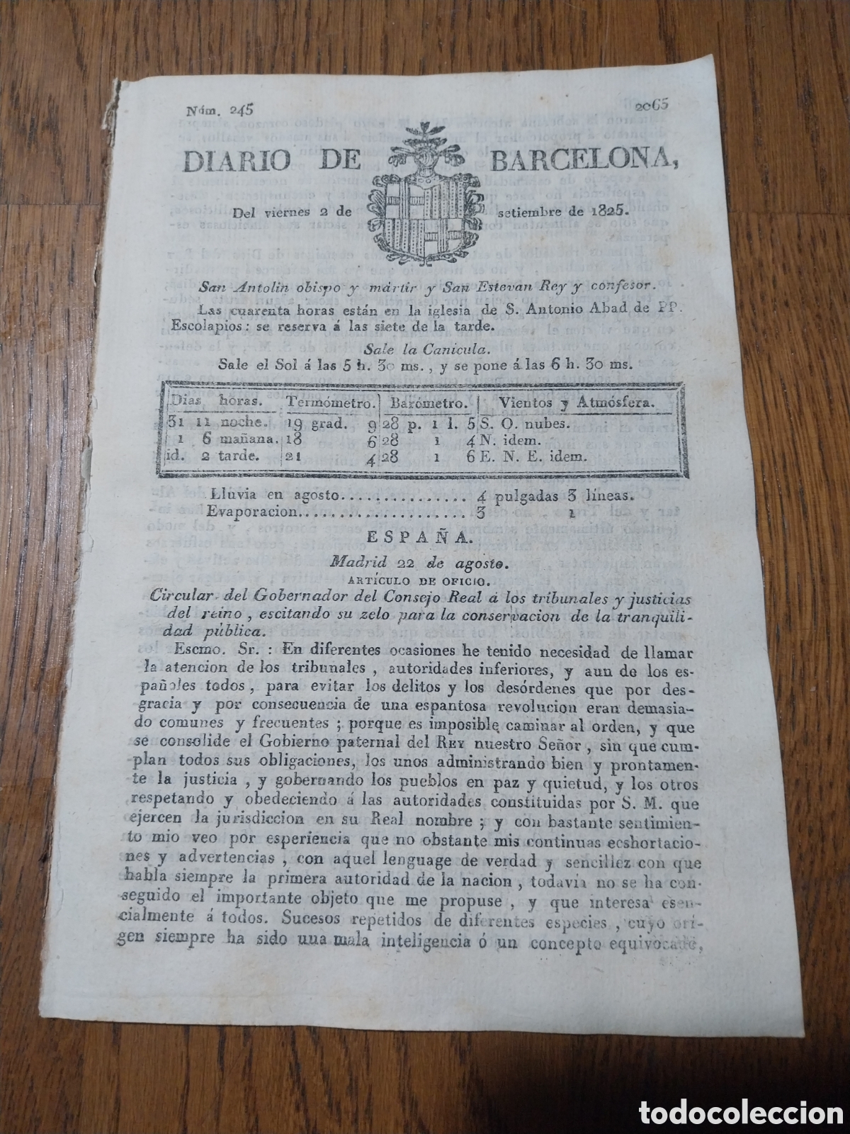 Coleccionismo de Revistas y Peri&oacute;dicos: DIARIO 1825 CIRCULAR A LOS TRIBUNALES TRANQUILIDAD PUBLICA. DETENCION BESSIERES EN ZAFRILLA CUENCA
