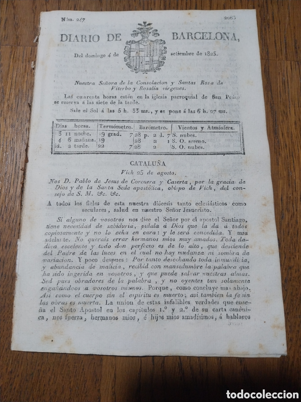 Coleccionismo de Revistas y Peri&oacute;dicos: DIARIO 1825 CARTA PASTORAL DEL OBISPO DE VICH. NORMAS PARA VENTA DE CARNES EN BARCELONA