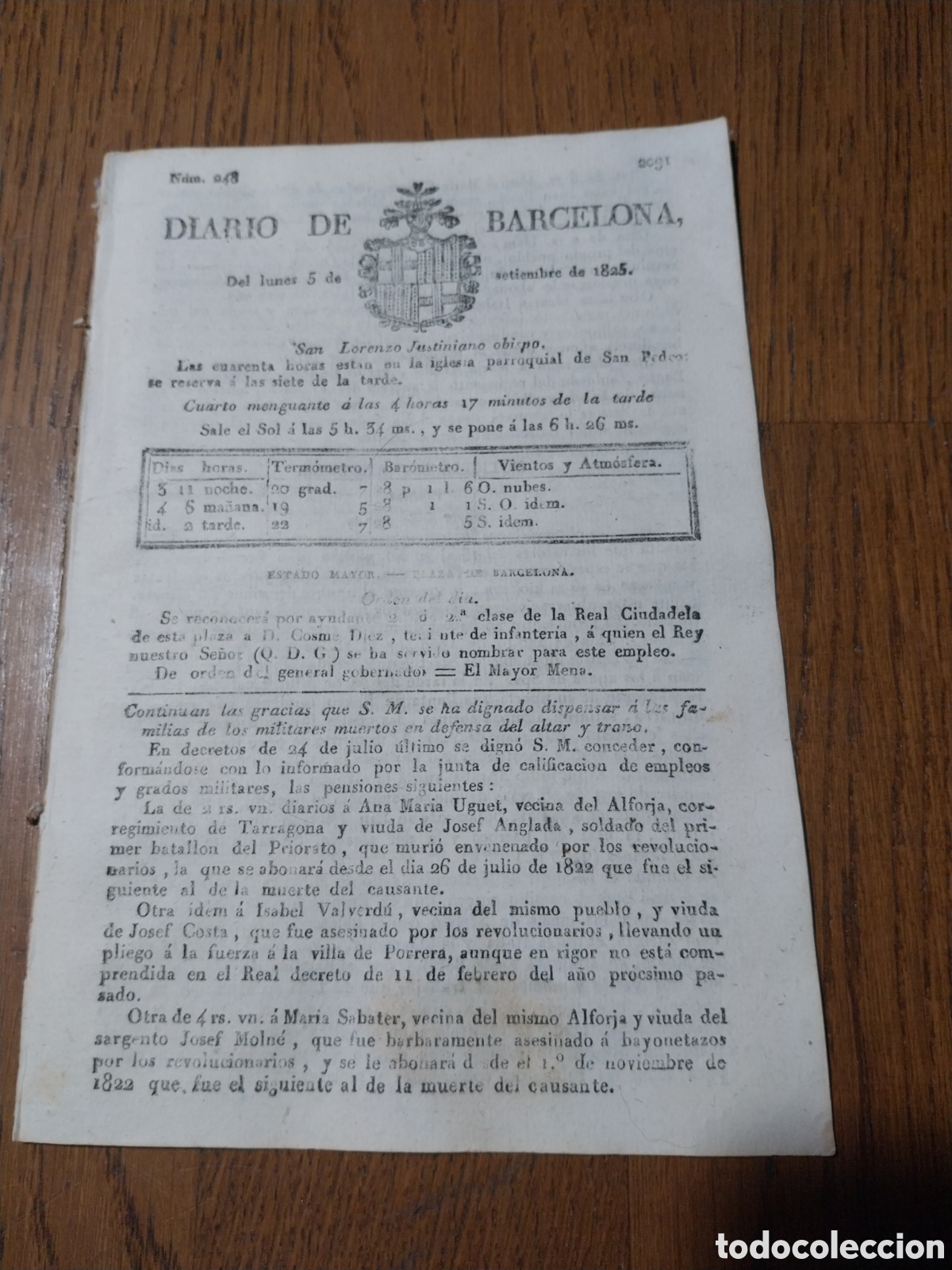 Coleccionismo de Revistas y Peri&oacute;dicos: DIARIO 1825 GRACIAS DEL REY A FAMILIAS DE ALFORJA TARRAGONA.REAL ORDEN INTRODUCCI&Oacute;N GENEROS ALGODON
