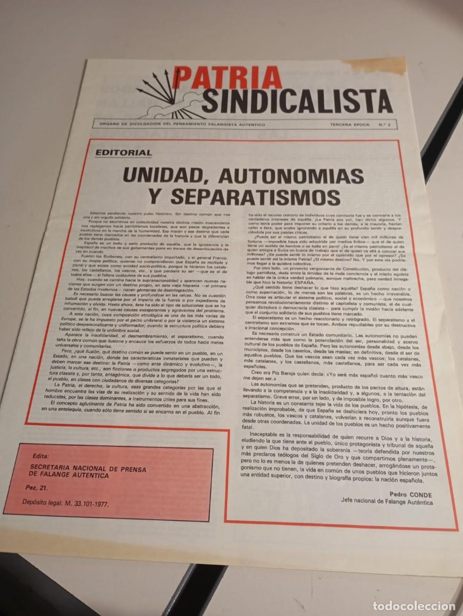 Coleccionismo de Revistas y Peri&oacute;dicos: REVISTA FALANGISTA PATRIA SINDICALISTA N&ordm; 2 III &Eacute;POCA FE JONS (AUT&Eacute;NTICA) REF. UR MES 7