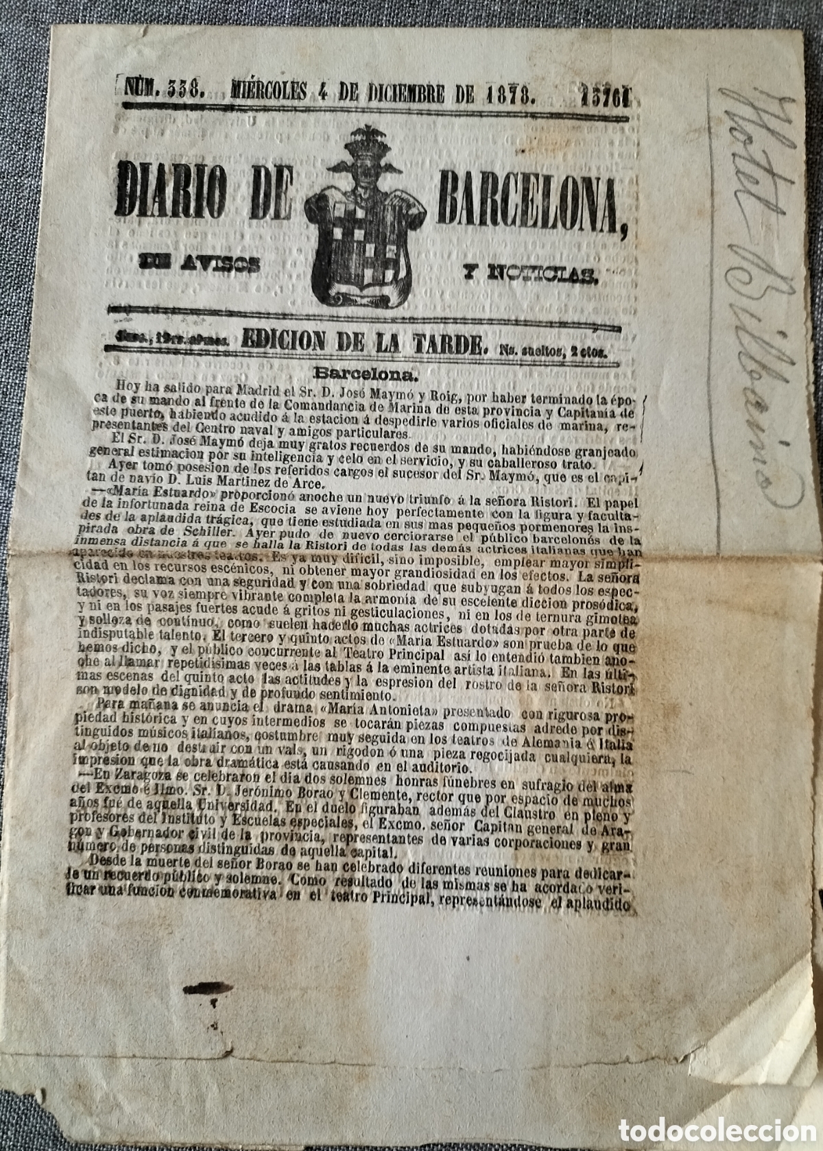 Coleccionismo de Revistas y Peri&oacute;dicos: Diario de Barcelona. Mi&eacute;rcoles 4 Diciembre 1873.