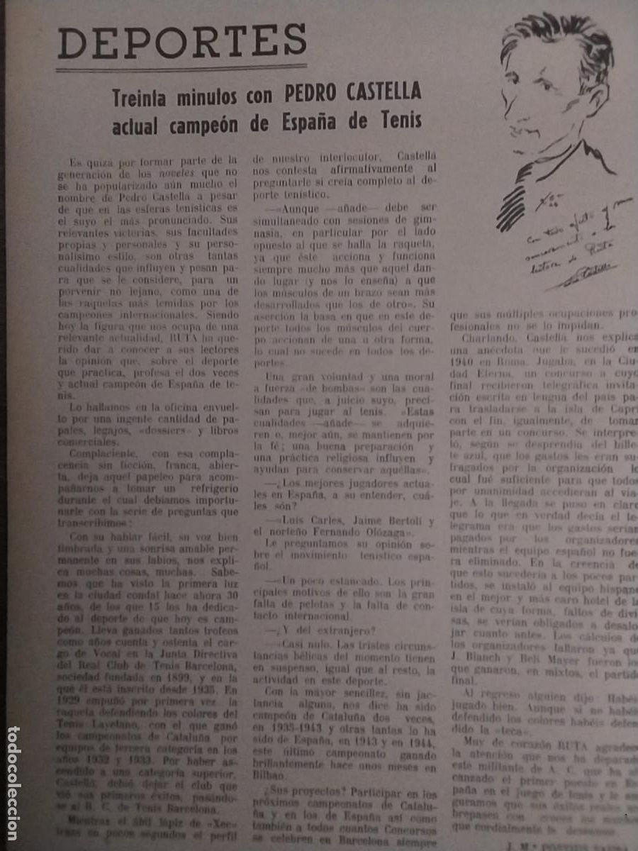 Coleccionismo de Revistas y Peri&oacute;dicos: PEDRO CASTELLA CAMPEON ESPA&Ntilde;A TENIS BARCELONA REAL CLUB TENIS BARCELONA LAYETANO REVISTA A&Ntilde;O 1944