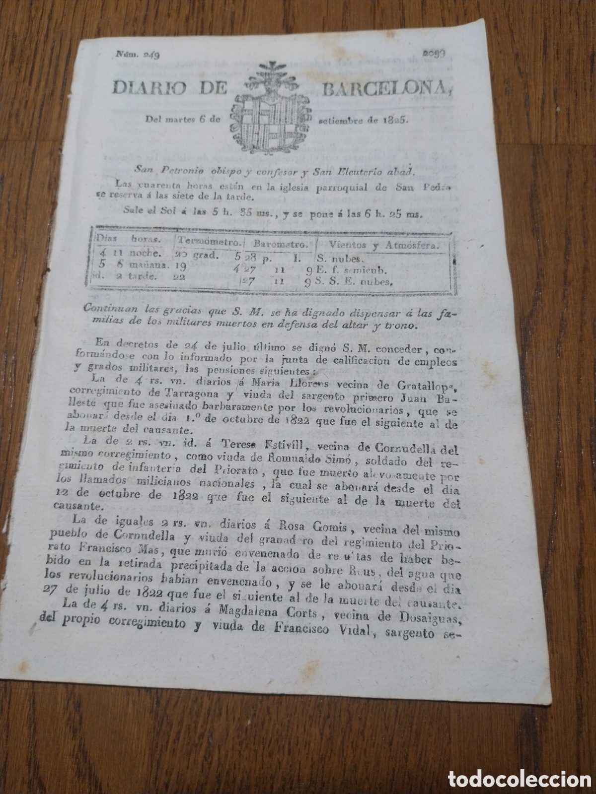 Coleccionismo de Revistas y Peri&oacute;dicos: DIARIO 1825 GRACIAS D FERNANDO VII A FAMILIAS DE GRATALLOPS CORNUDELLA Y DOSAIGUAS.
