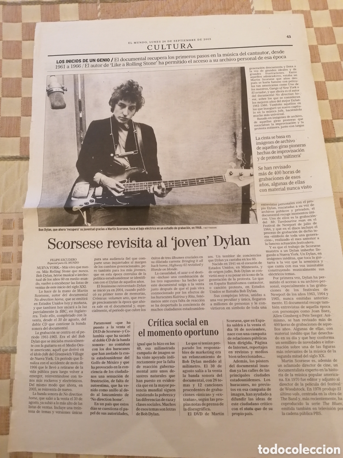 Coleccionismo de Revistas y Peri&oacute;dicos: P&aacute;gina El Mundo 26 Sept. 2005. Scorsese Revisita Al Joven Bob Dylan.No Direction Home.