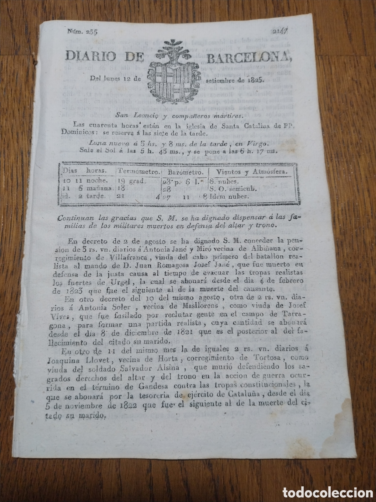 Coleccionismo de Revistas y Peri&oacute;dicos: DIARIO 1825 DESTRUCCION DE ORUGAS EN JARDINES. CONDUCCION DE AGUAS DESDE EL MANANTIAL DE MONCADA