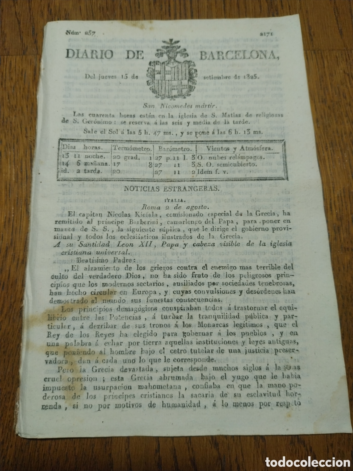 Coleccionismo de Revistas y Peri&oacute;dicos: DIARIO 1825 SUPLICA DEL GOBIERNO PROVISIONAL D GRECIA AL PAPA LEON XII. PATENTE VINIFICADOR GERVAIS