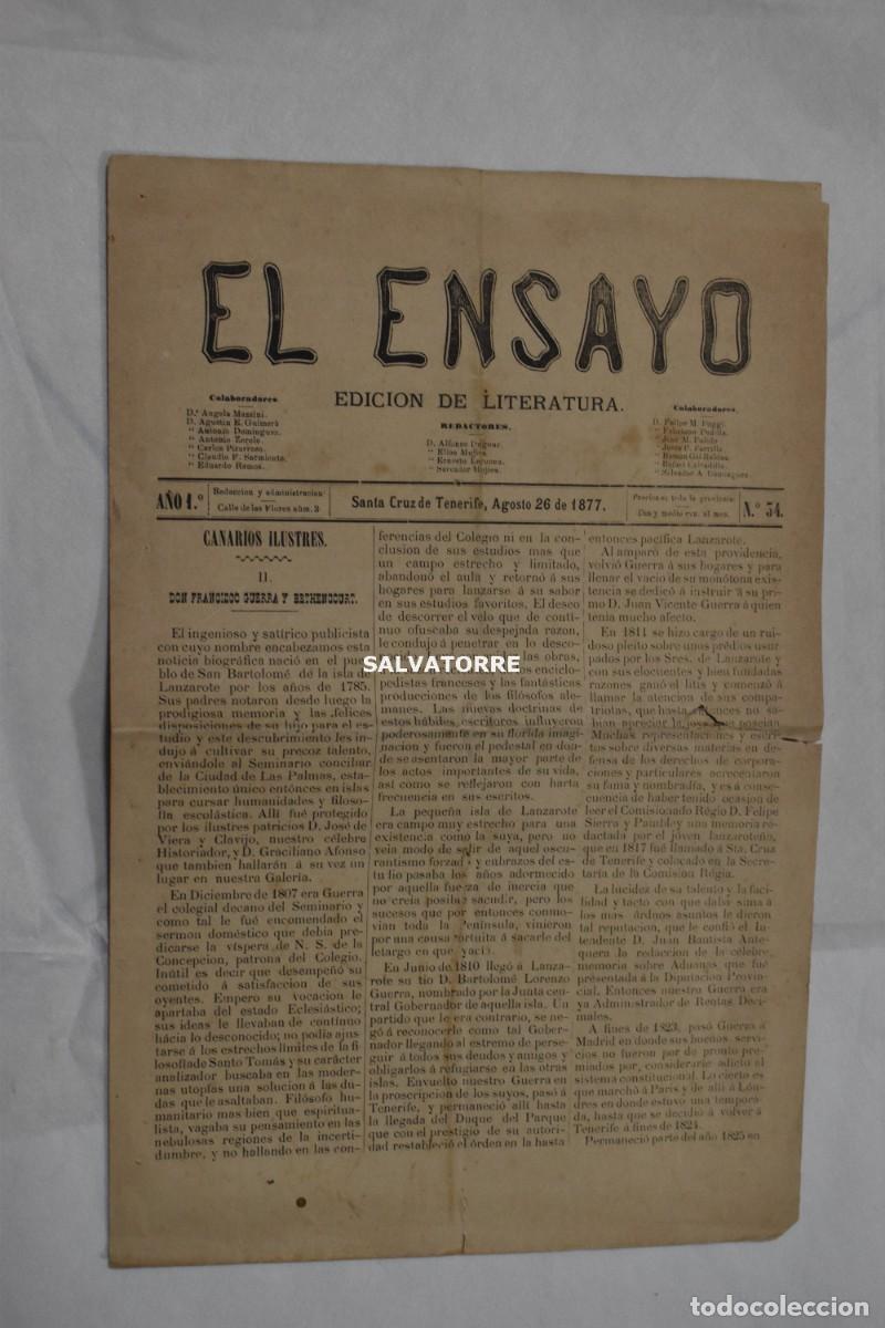 Coleccionismo de Revistas y Peri&oacute;dicos: EL ENSAYO EDICI&Oacute;N DE LITERATURA A&Ntilde;O 1 N&ordm; 54 SANTA CRUZ DE TENERIFE 26 AGOSTO 1877 PERIODICO