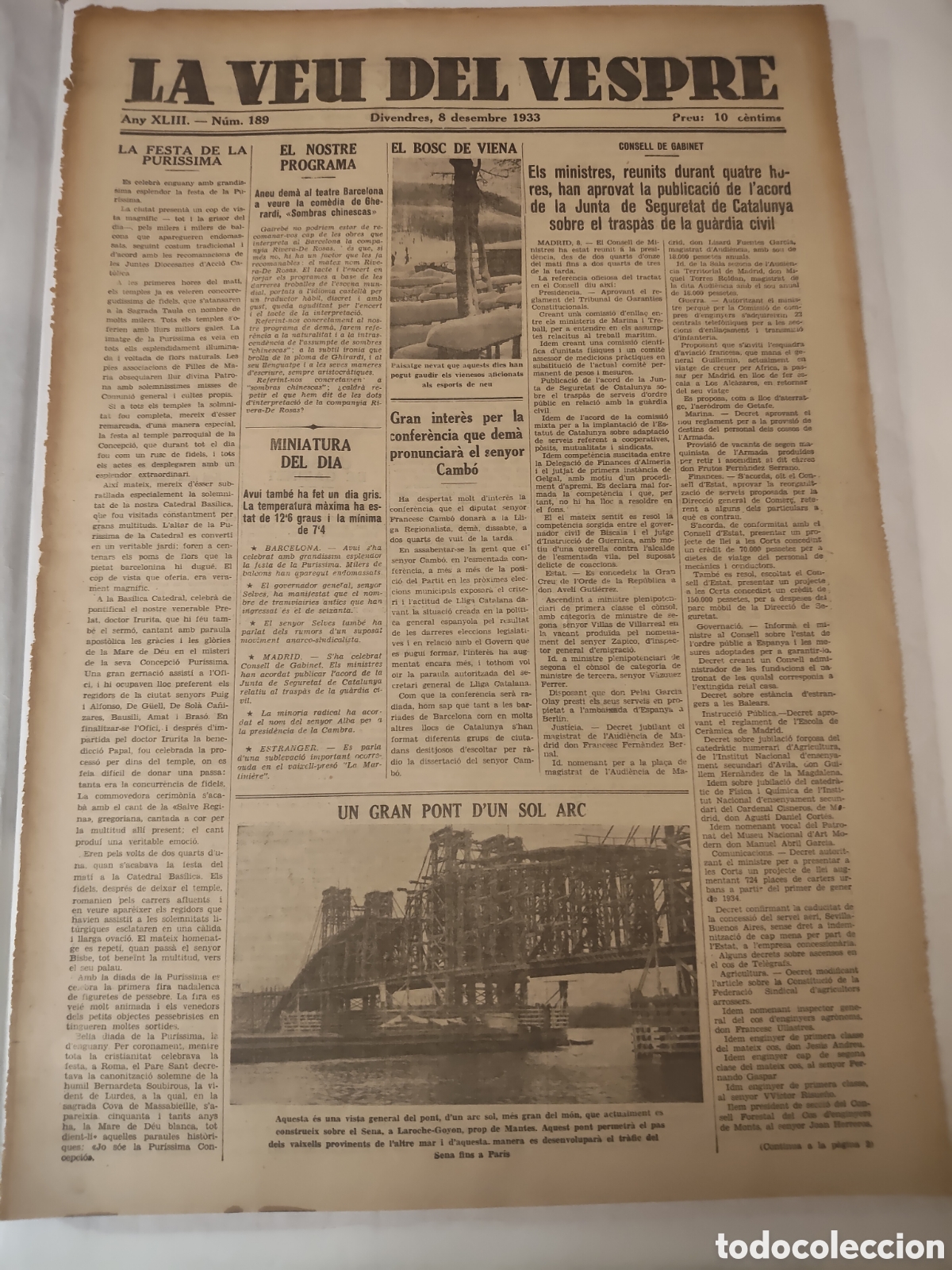 Sammeln von Zeitschriften und Zeitungen: Peri&oacute;dico La veu del vespre 8 de diciembre de 1903