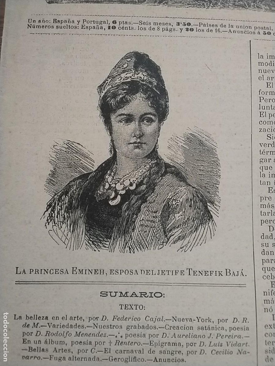 Collectionnisme de Revues et Journaux: LA PRINCESA EMINEH ESPOSA DEL JETIFE TENEFIK BAJA VIREYES EGIPTO REVISTA A&Ntilde;O 1882