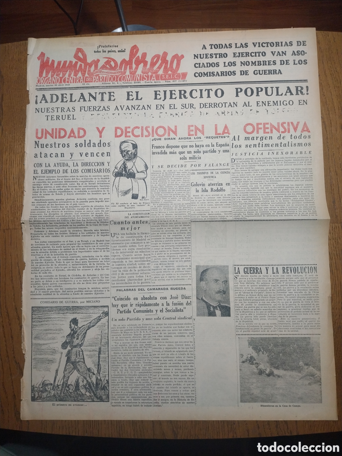 Sammeln von Zeitschriften und Zeitungen: MUNDO OBRERO 1937 PIO XI COMBATE AL LADO DE FRANCO. FRENTE CORDOBA CERRO CHIMORRA .OFENSIVA TERUEL