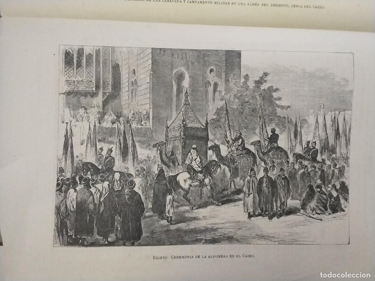 Coleccionismo de revistas y peri&oacute;dicos: EGIPTO CEREMONIA ALFOMBRA EN EL CAIRO / DESCANSO CARAVANA Y CAMPAMENTO MILITAR DESIERTO A&Ntilde;O 1882