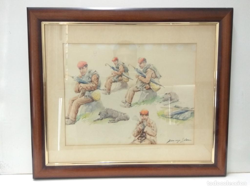 Coleccionismo de Revistas y Peri&oacute;dicos: Cuadro: DOMINGO SOLER - Escena costumbrista de pastor con paraguas y perro (Acuarela 31cm x 40cm) -