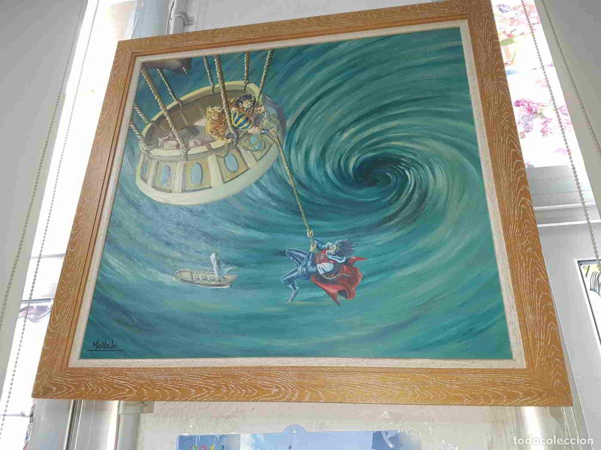 Collectionnisme de Revues et Journaux: Cuadro de acuarela del Capitan Trueno, Crispin y Goliat firmado por Juan Antonio Mellado en un globo