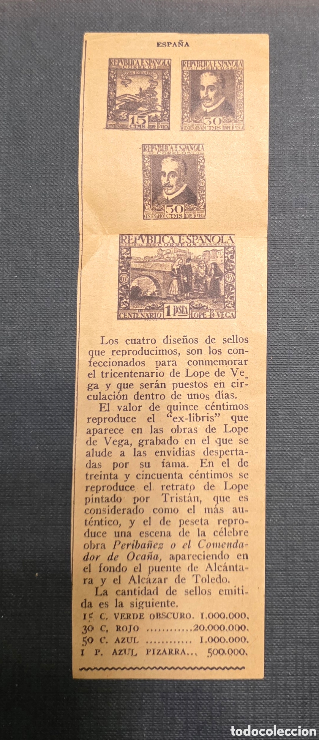 Colecionismo de Revistas e Jornais: Raro Recorte Prensa 1935 - Anuncio Oficial Emisi&oacute;n Sellos Tricentenario Lope de Vega - II Rep&uacute;blica