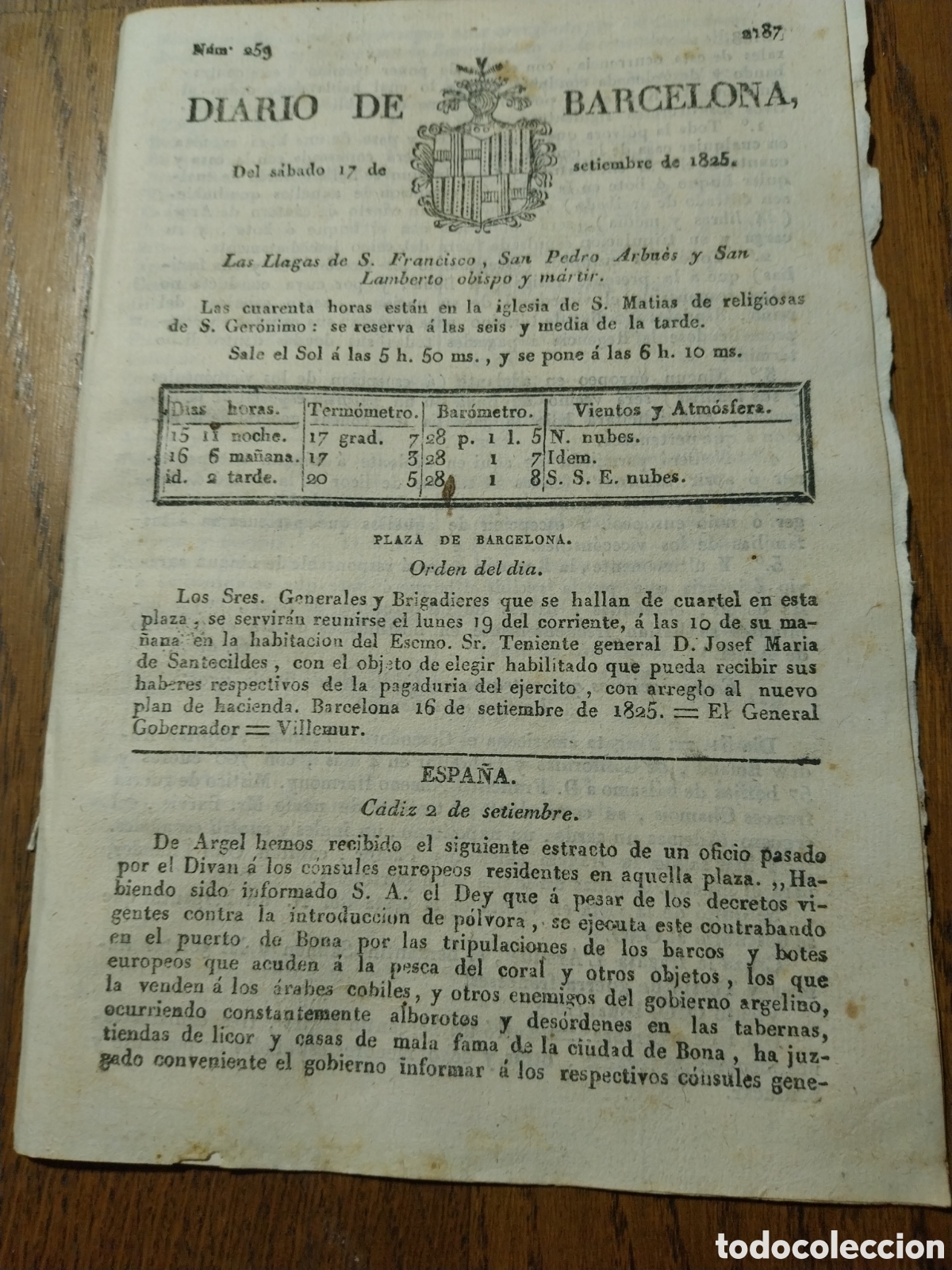 Colecionismo de Revistas e Jornais: DIARIO 1825 VENTA DE POLVORA PUERTOS DE ARGEL.INTRODUCCI&Oacute;N COCHINILLA JARDIN BOTANICO DE BARCELONA