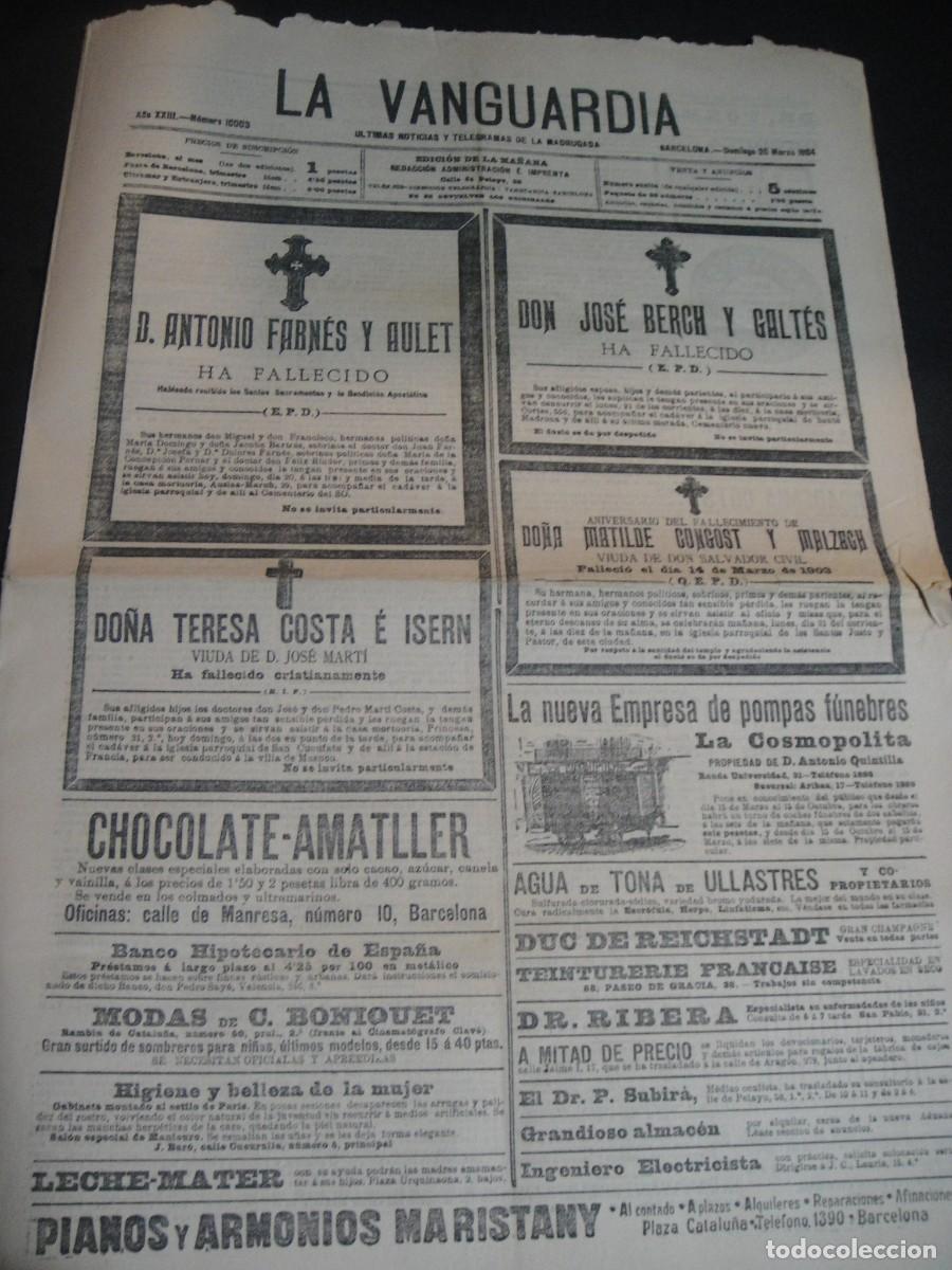 Coleccionismo de Revistas y Peri&oacute;dicos: la vanguardia n&ordm; 10003 - 20 de marzo de 1904 - ultimas noticias y telegramas de la madrugada