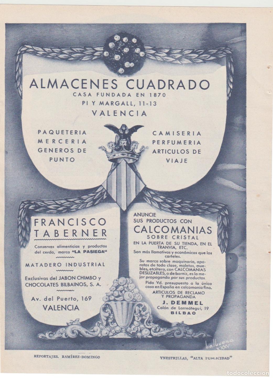 Coleccionismo de Revistas y Peri&oacute;dicos: Publicidad comercios Valencia: almacenes Cuadrado, matadero Francisco Taberner... -1935