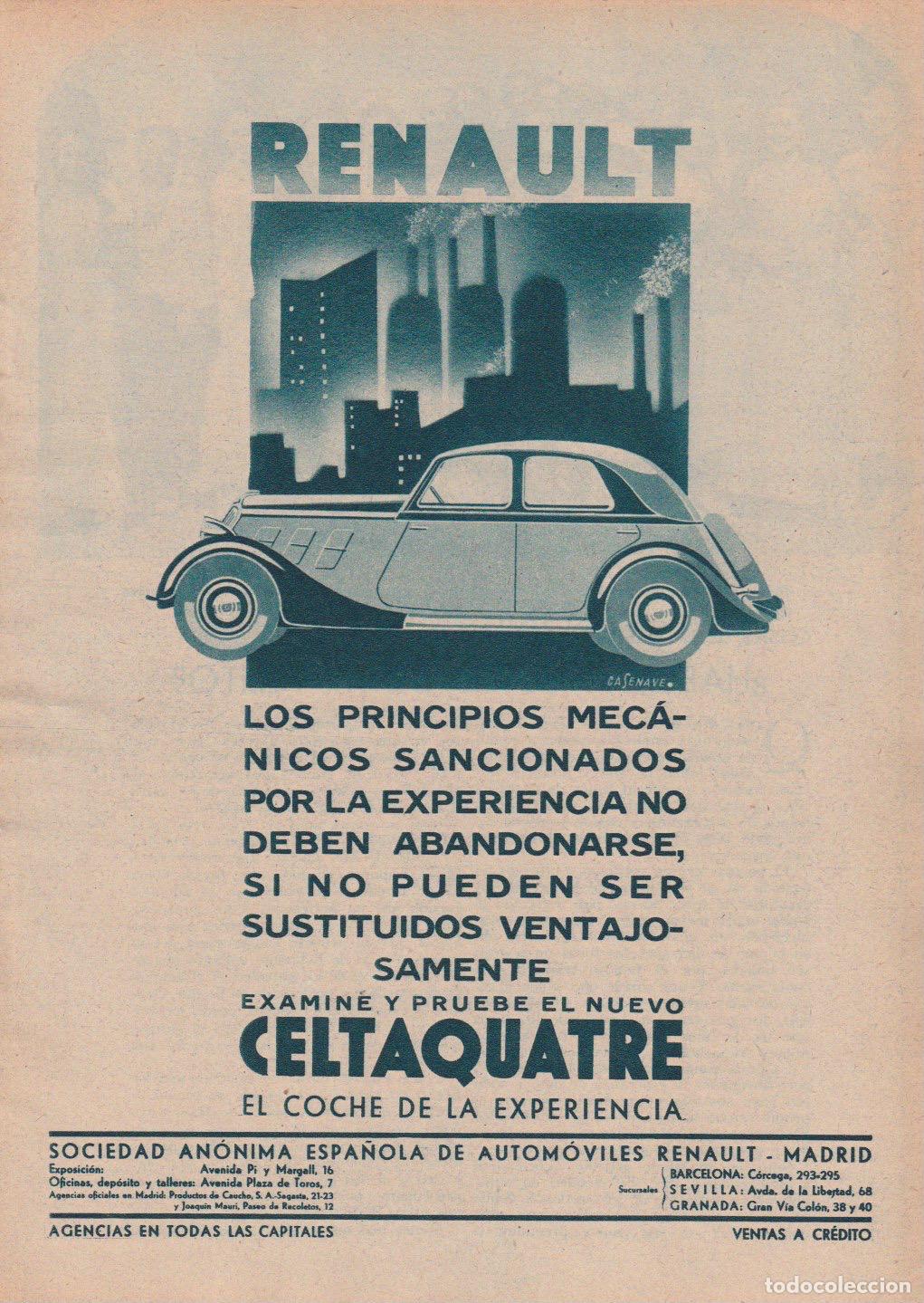 Coleccionismo de Revistas y Peri&oacute;dicos: Publicidad autom&oacute;vil CELTAQUATRE RENAULT/ dibujo Casenave - 1934