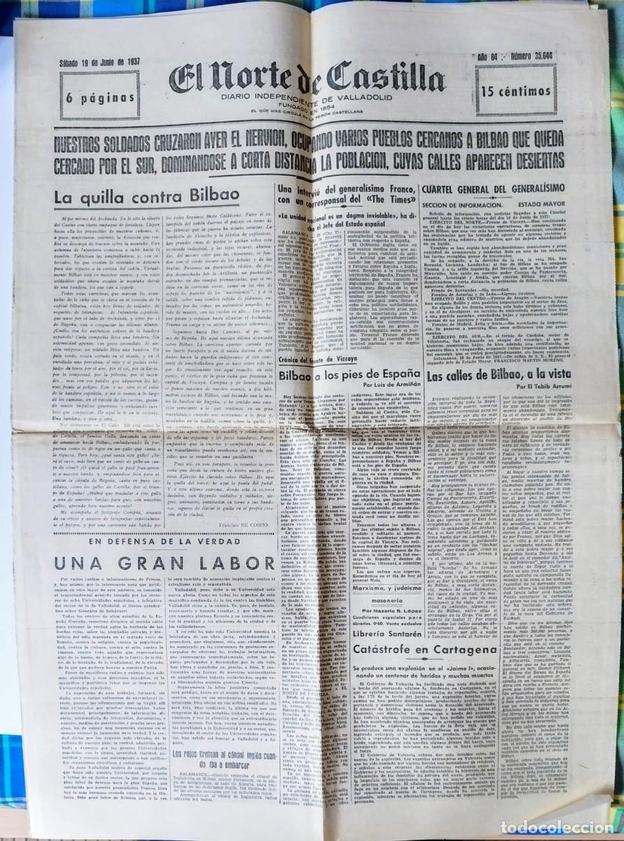 Coleccionismo de Revistas y Peri&oacute;dicos: DIARIO INDEPENDIENTE DE VALLADOLID: EL NORTE DE CASTILLA. S&Aacute;BADO 19 DE JUNIO DE 1937