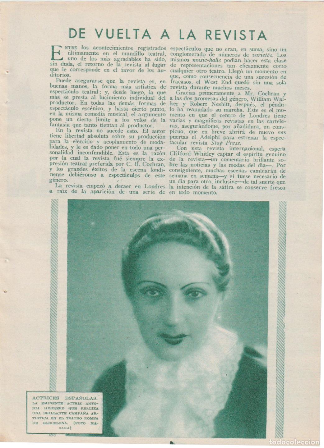 Collectionnisme de Revues et Journaux: * TEATRO * Antonia Herrero; El Ni&ntilde;o Estrella en el Arcimbeldi de Mil&aacute;n -1935